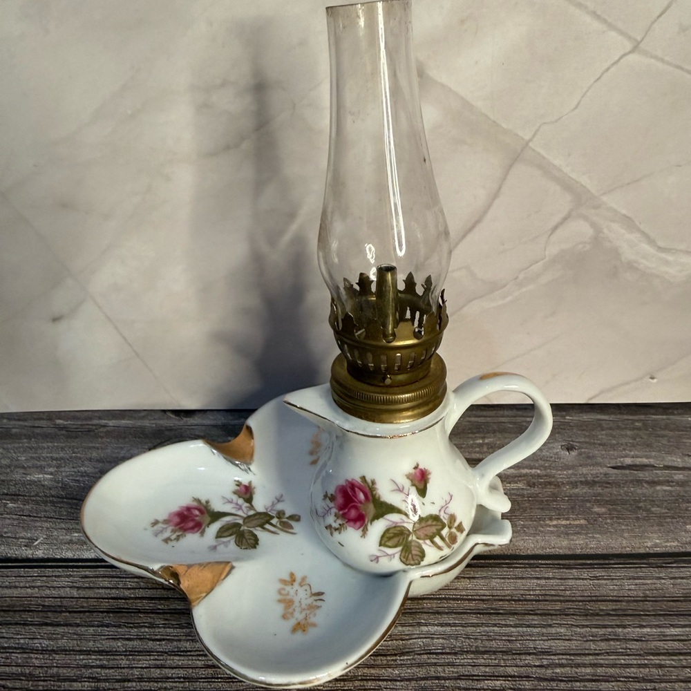 Vintage Nanco Mini Oil Lamp Finger Loop Porcelain Lantern Pink Rose Japan - Picture 2 of 10